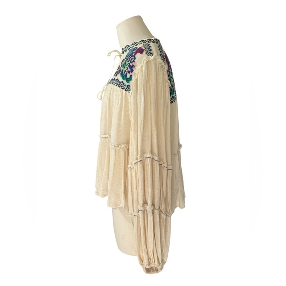 Free People Blouse Women White Vivid Floral Embroidered Atlas Clouds Boho Hippie - Picture 7 of 8